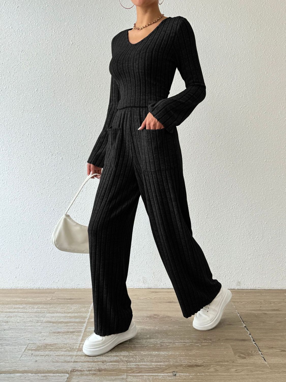 Ribbed V-Neck Long Sleeve Top Pants