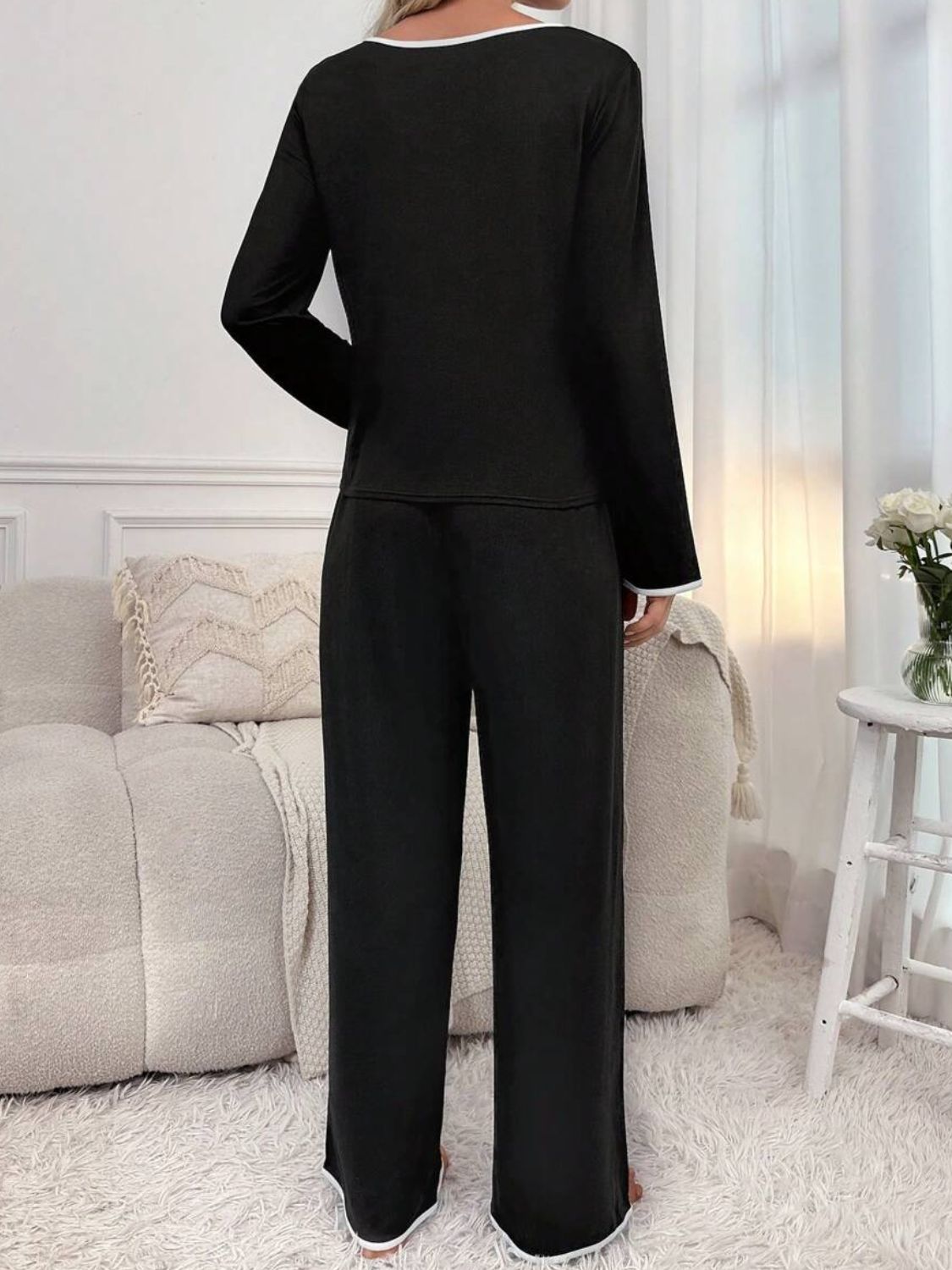 Contrast Trim Notched Top Pants Set