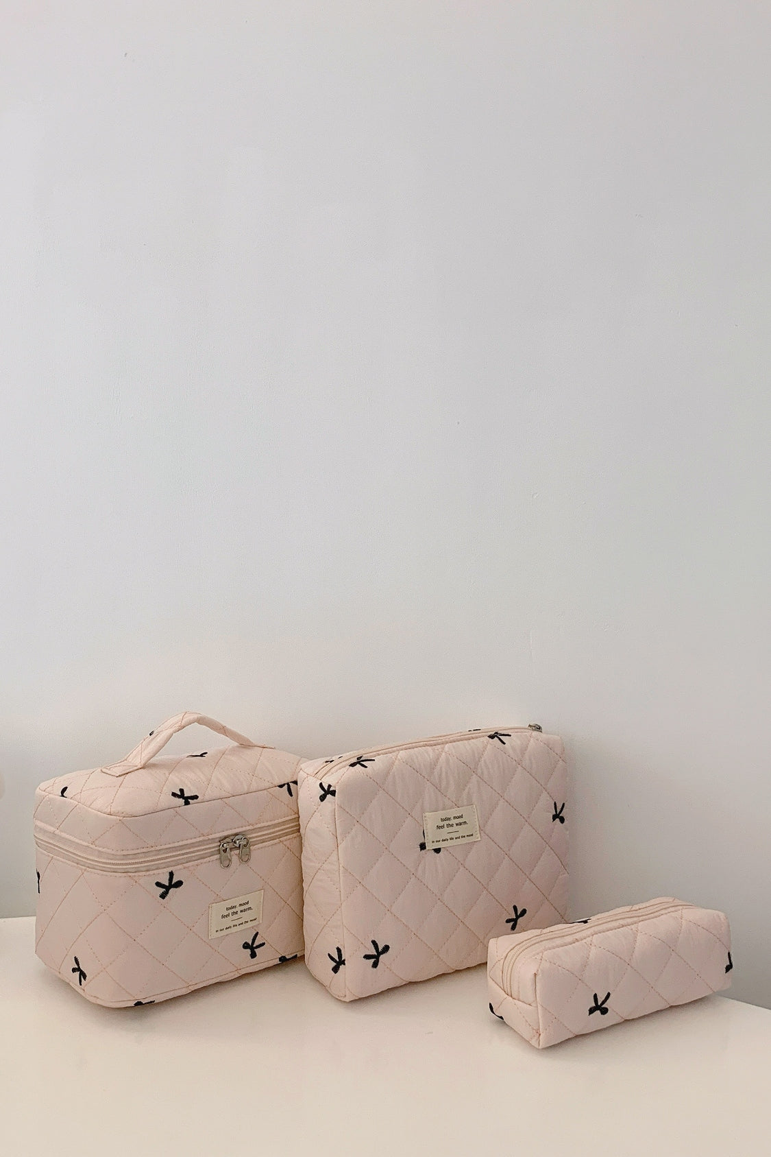 3 Piece Bow Quilted Makeup Bag Set