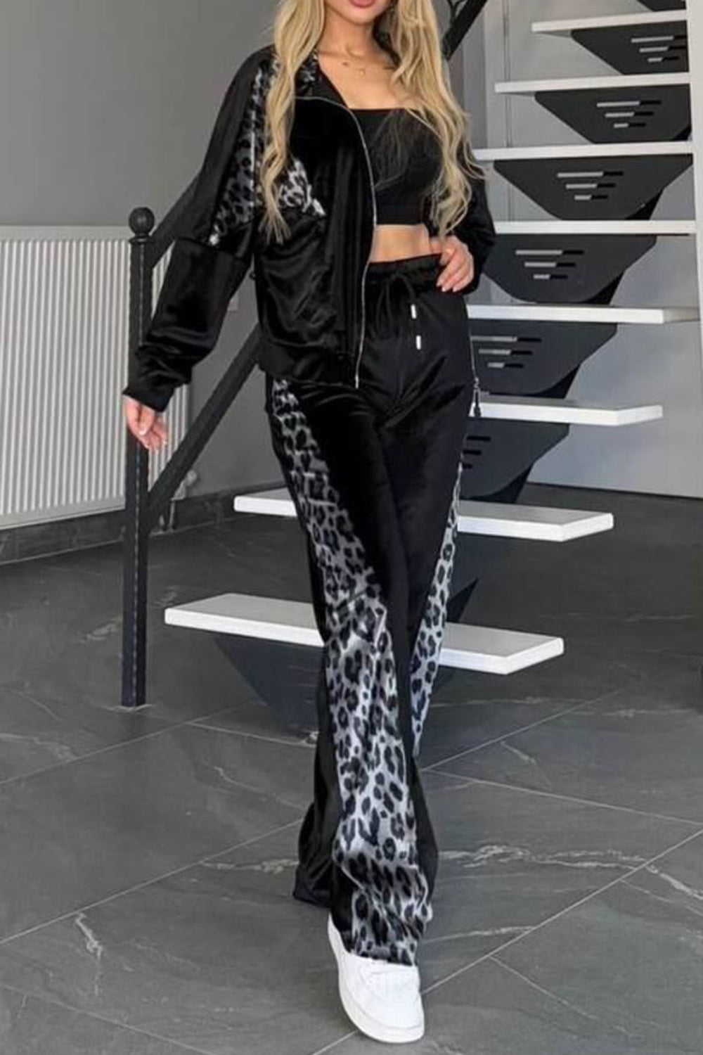 Collared Leopard Zip Top Pants Plus