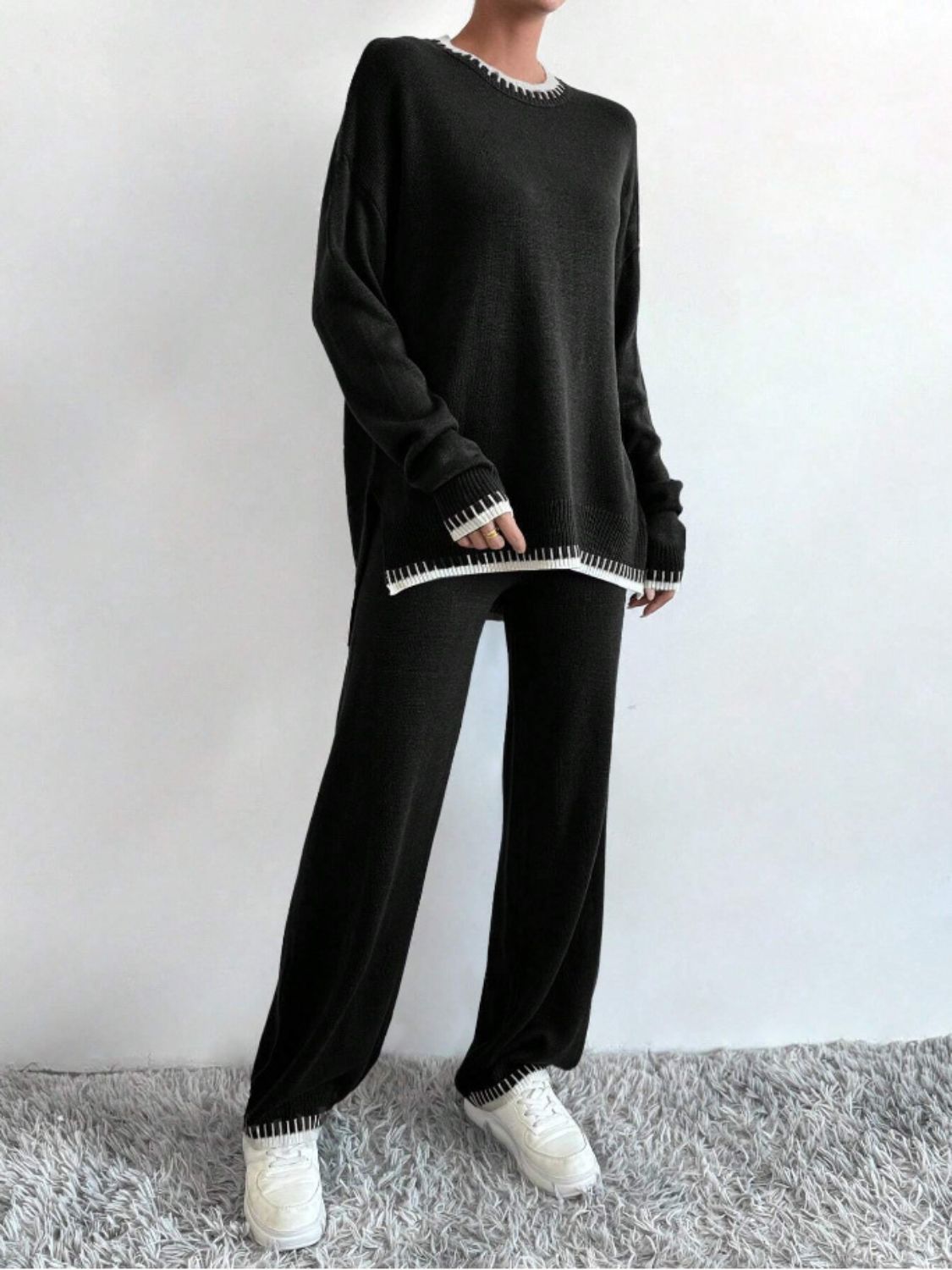 Side Slit Contrast Trim Top Pants Set