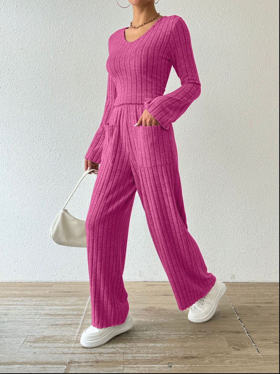 Ribbed V-Neck Long Sleeve Top Pants