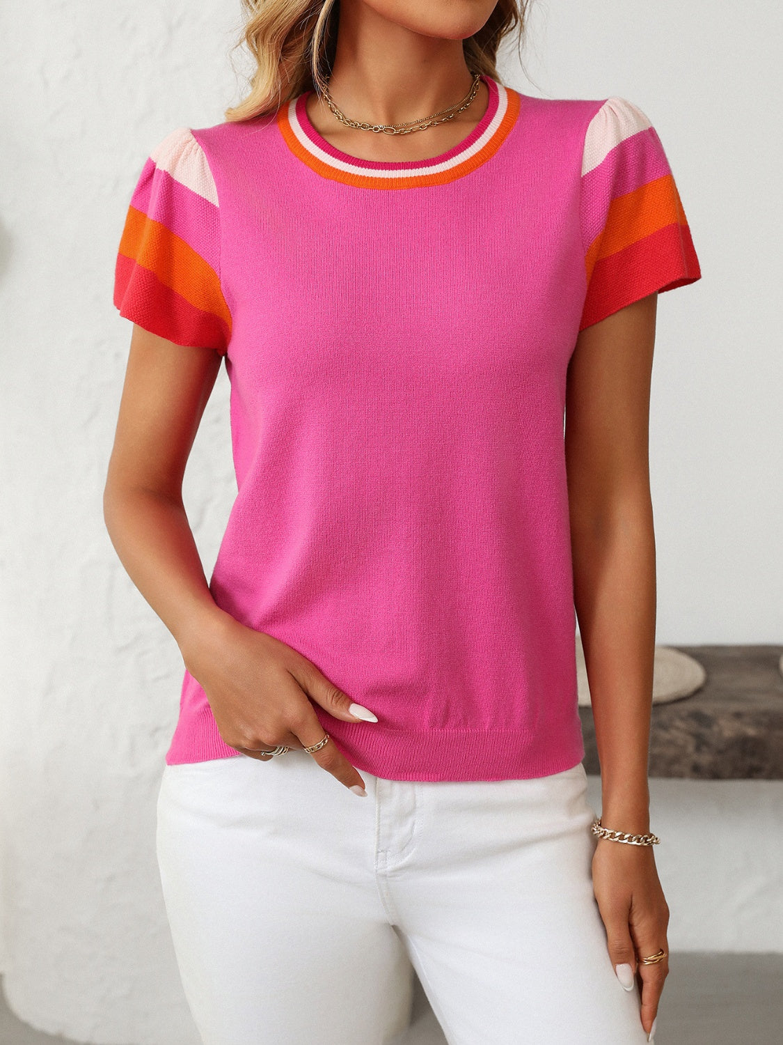 Contrast Round Neck Short Sleeve Top
