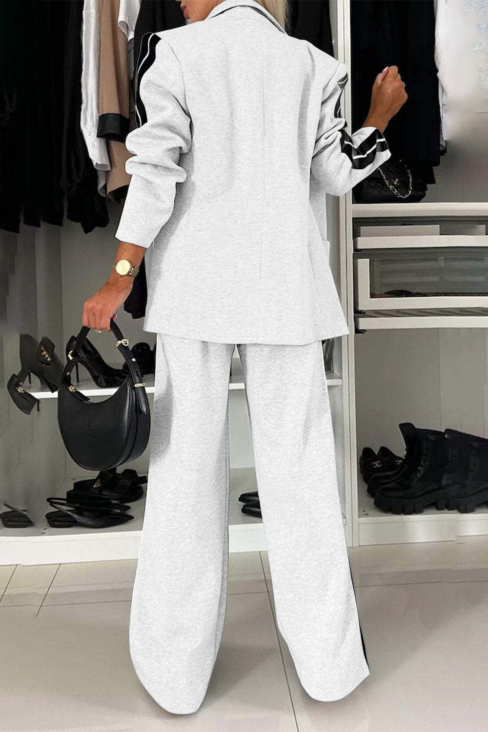 Contrast Lapel Collar Top & Pants Set
