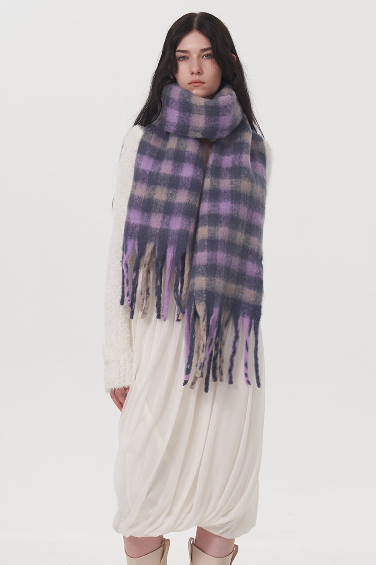 Classic Fringe Plaid Polyester Scarf
