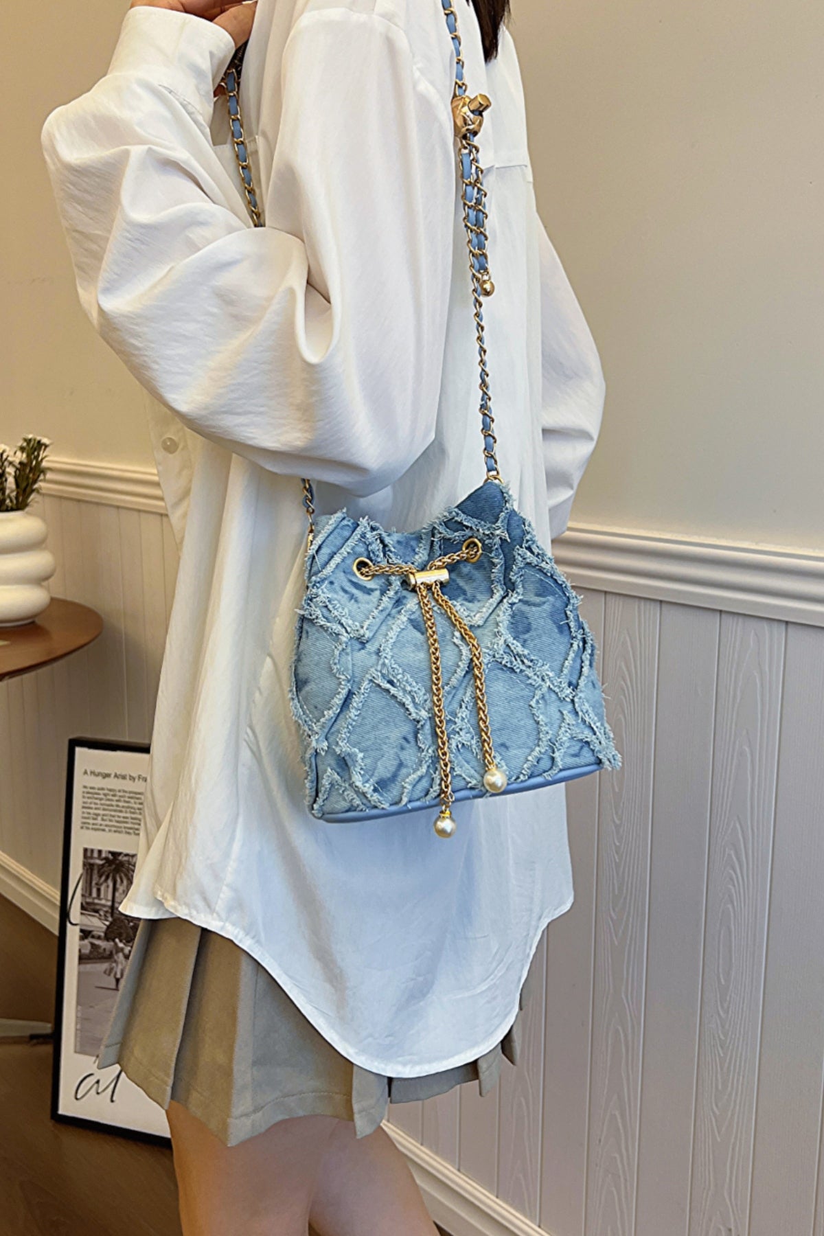Chain Drawstring Raw Edge Denim Bucket