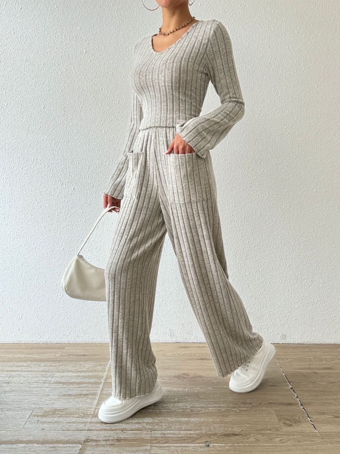 Ribbed V-Neck Long Sleeve Top Pants