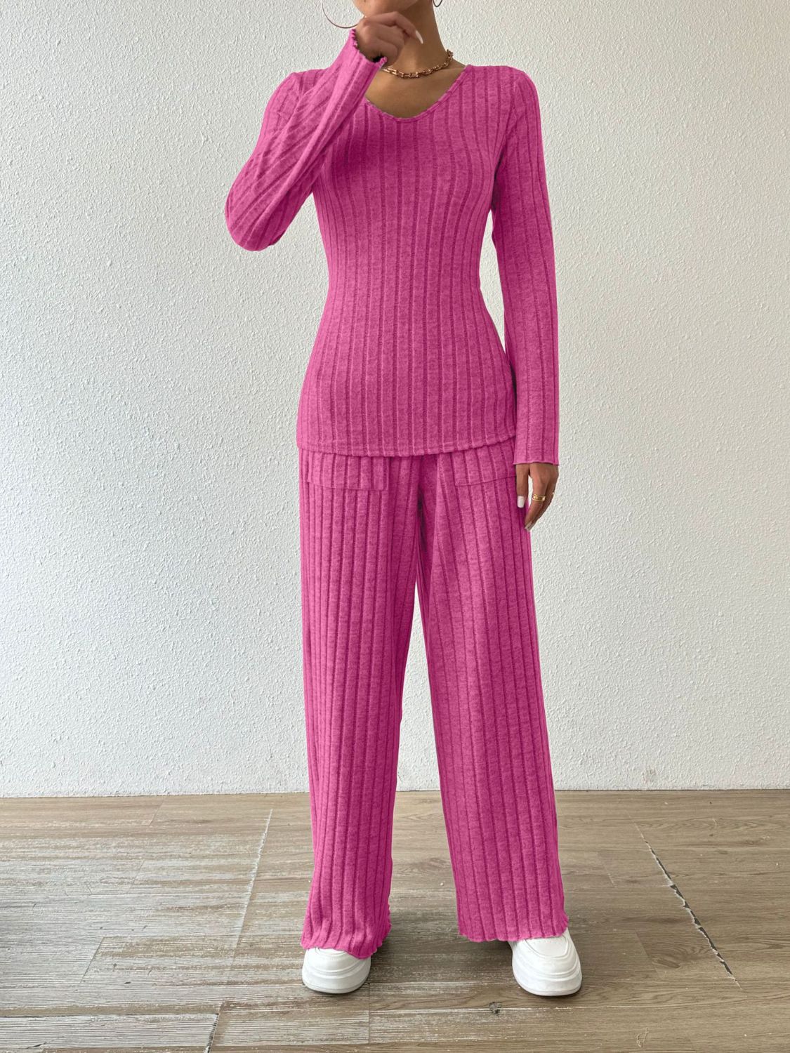 Ribbed V-Neck Long Sleeve Top Pants