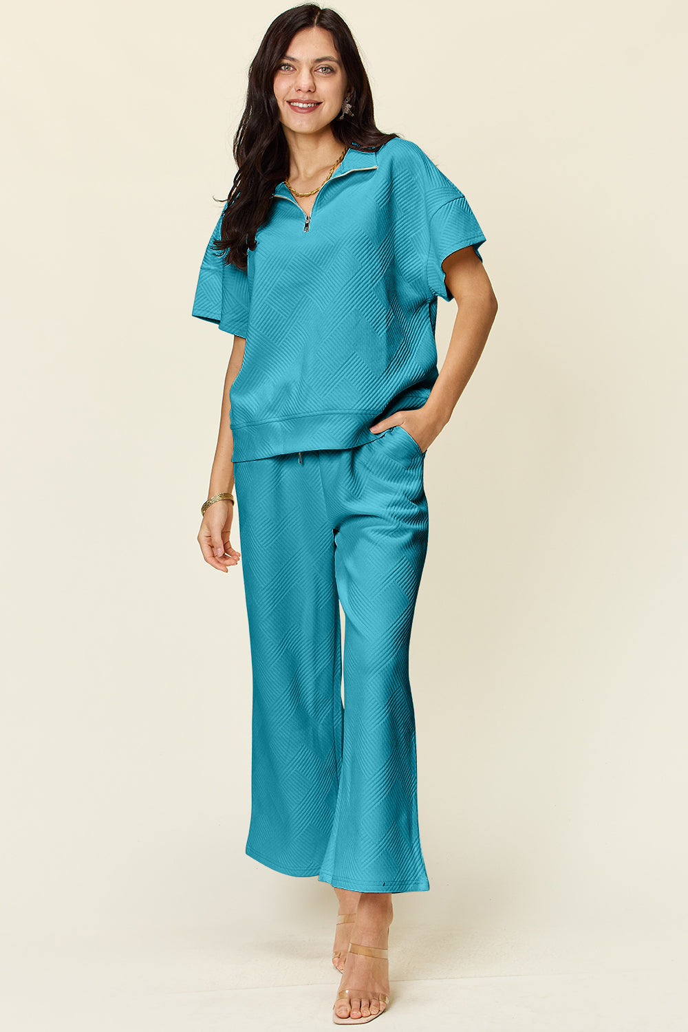 Double Take Half Zip Top & Pants Set