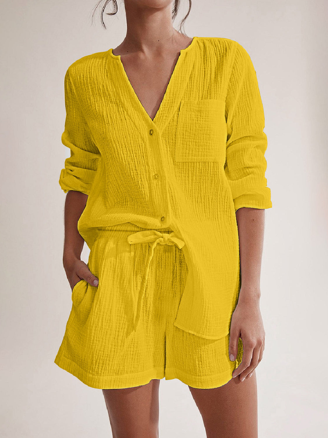 Notched Long Sleeve Top Shorts Set