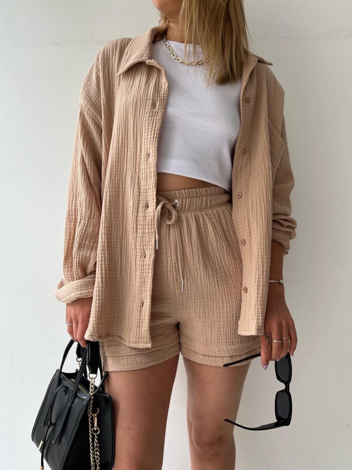 Textured Button Up Shirt Shorts Set