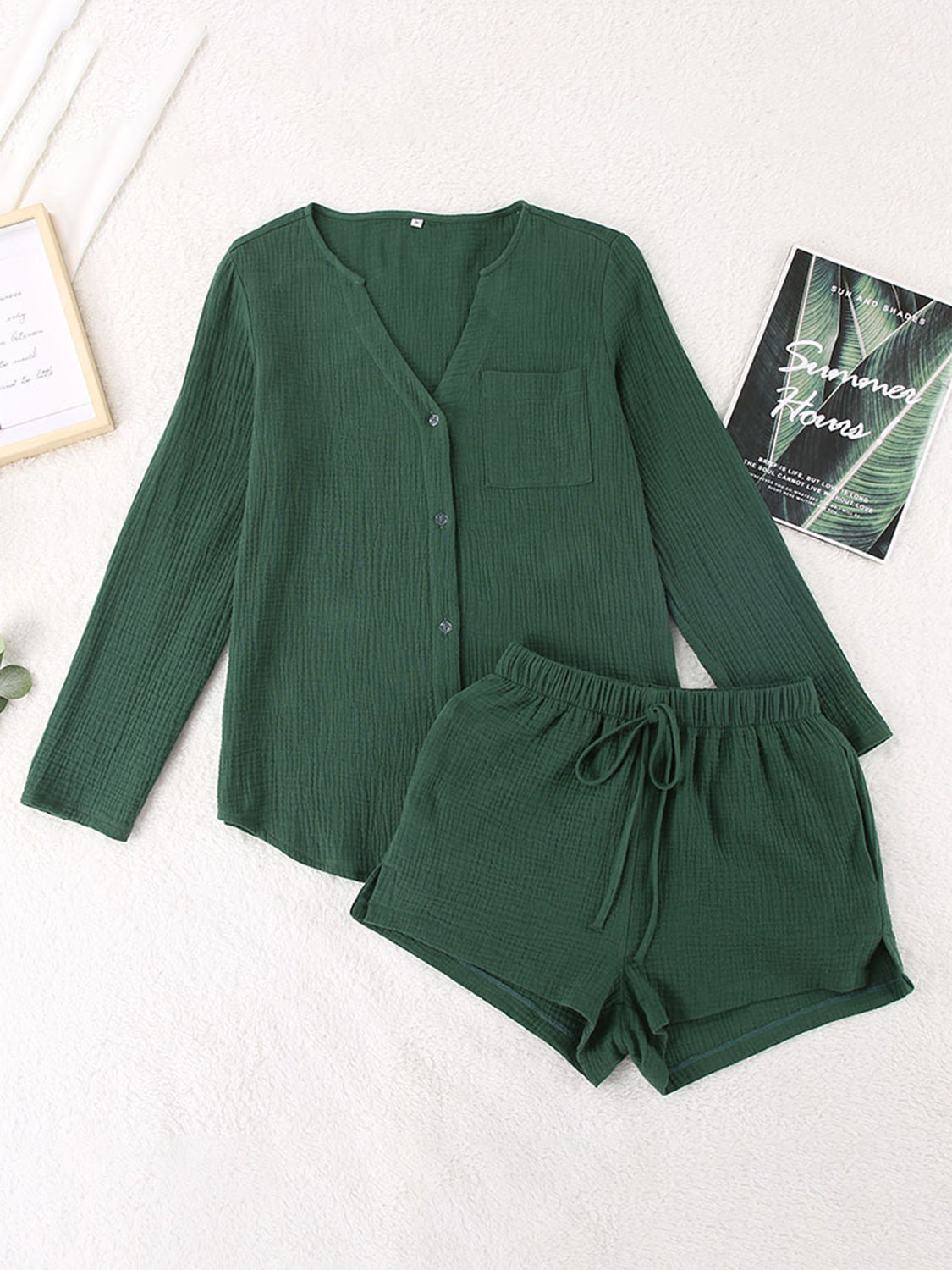 Notched Long Sleeve Top Shorts Set