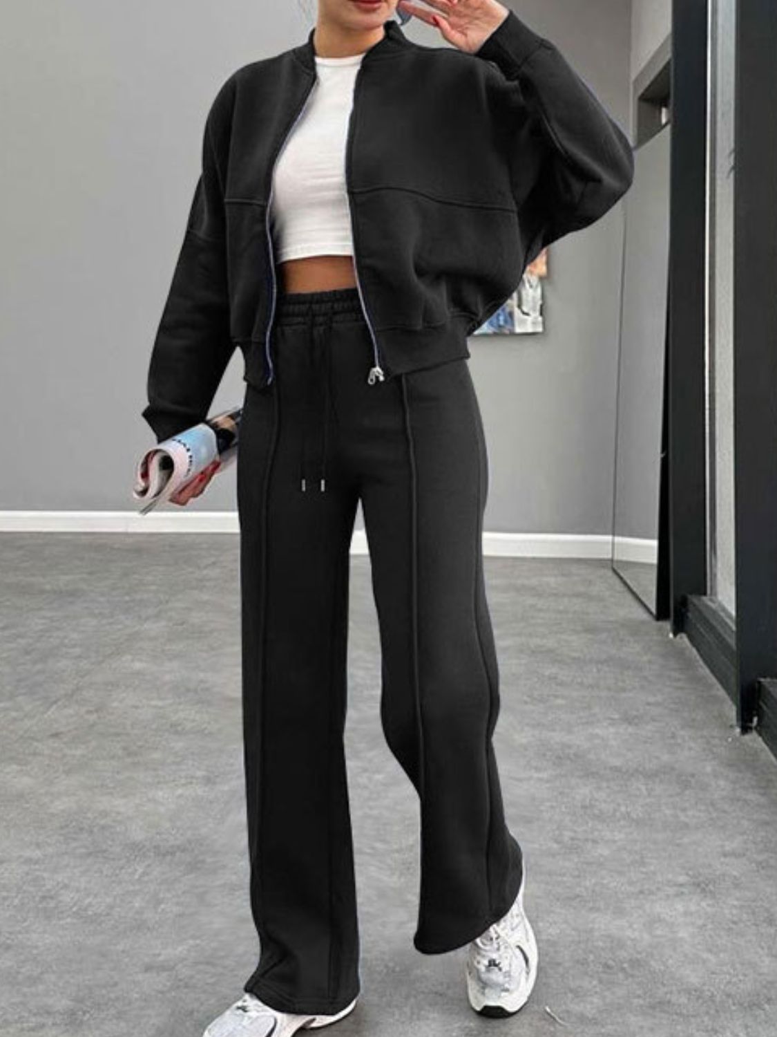 Baseball Collar Zip Up Outerwear Set