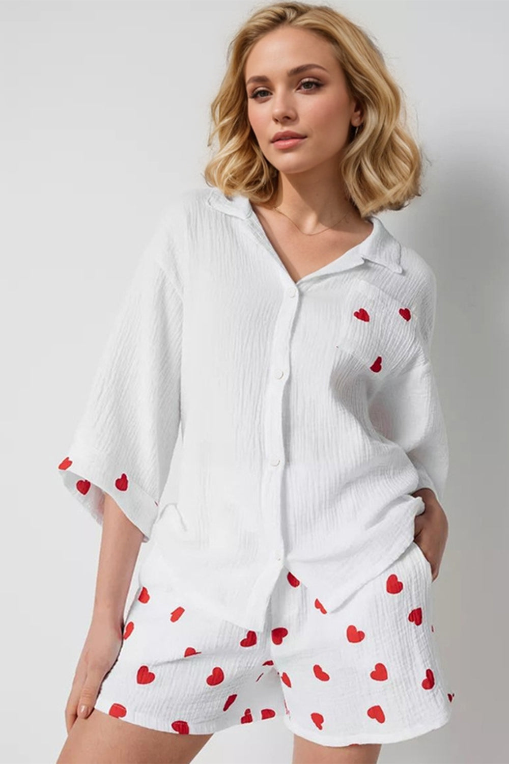 Basic Bae Heart Button Top Shorts Set
