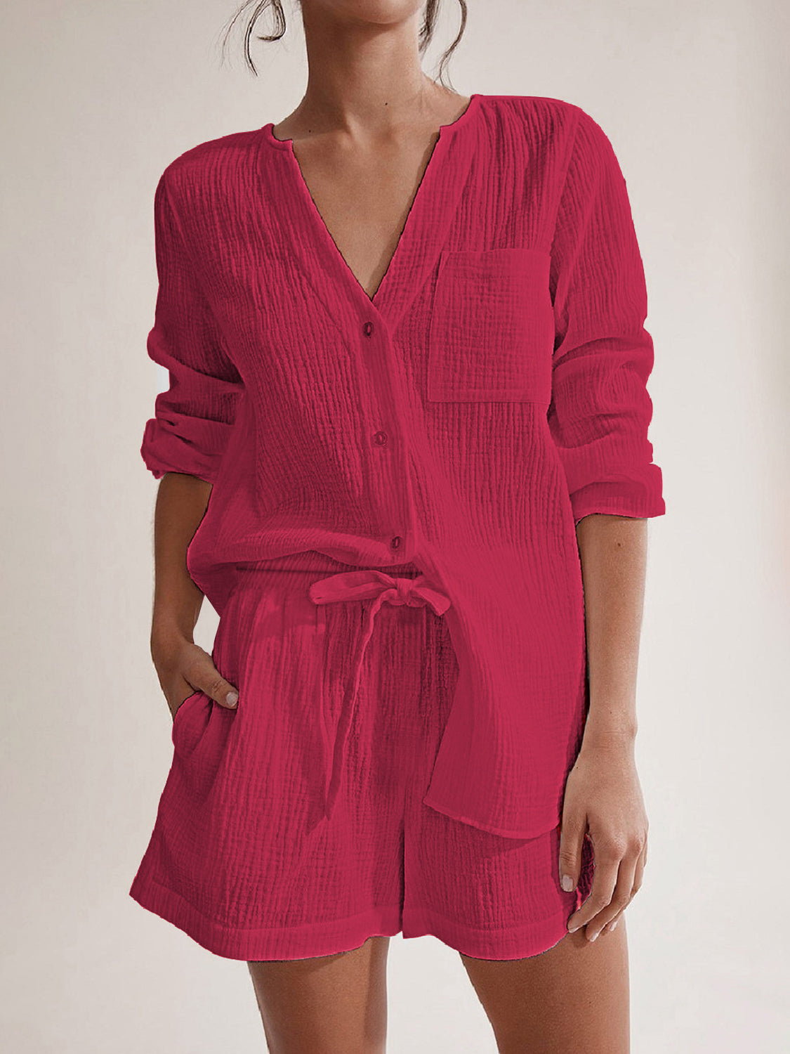 Notched Long Sleeve Top Shorts Set