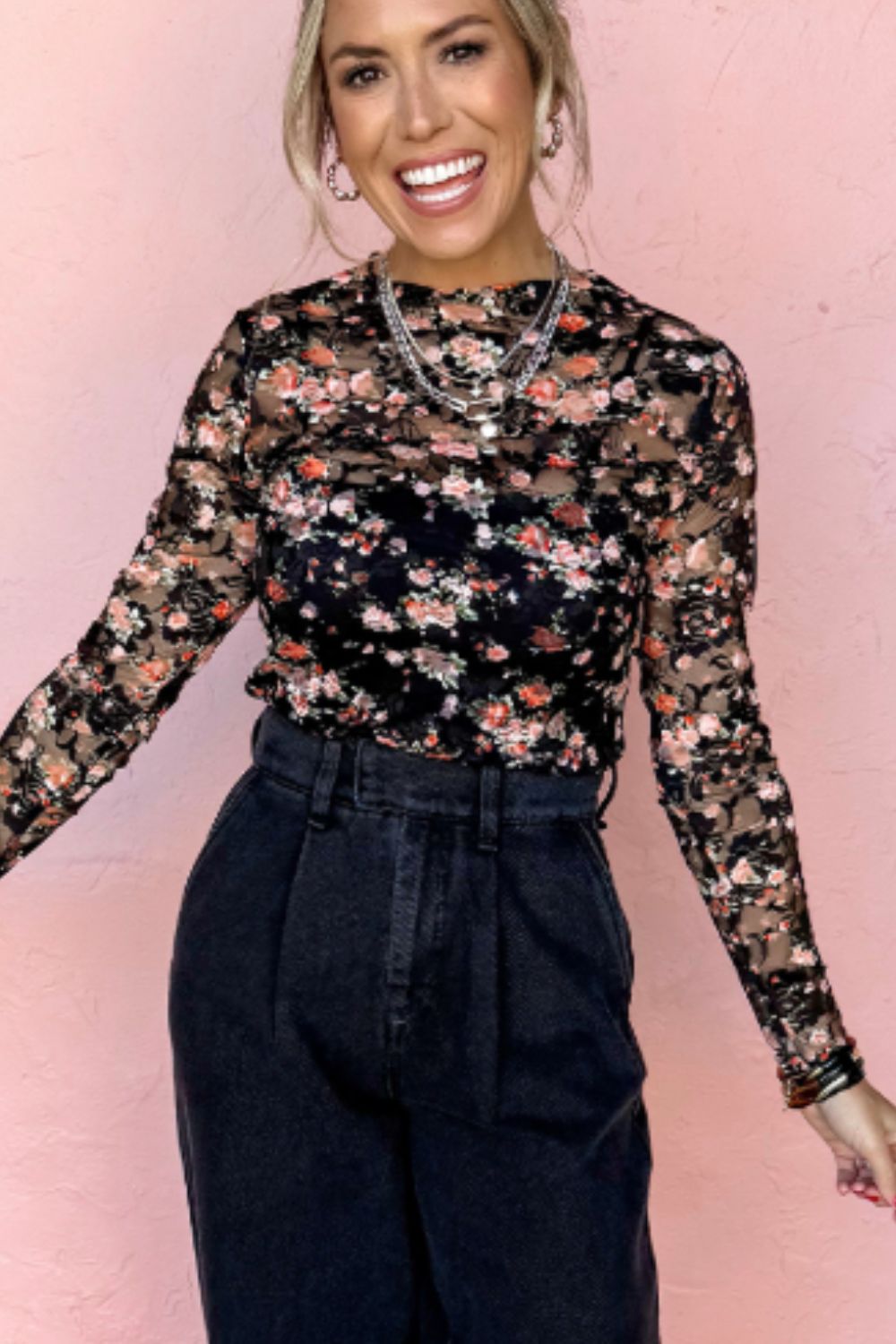 Floral Round Neck Long Sleeve Top