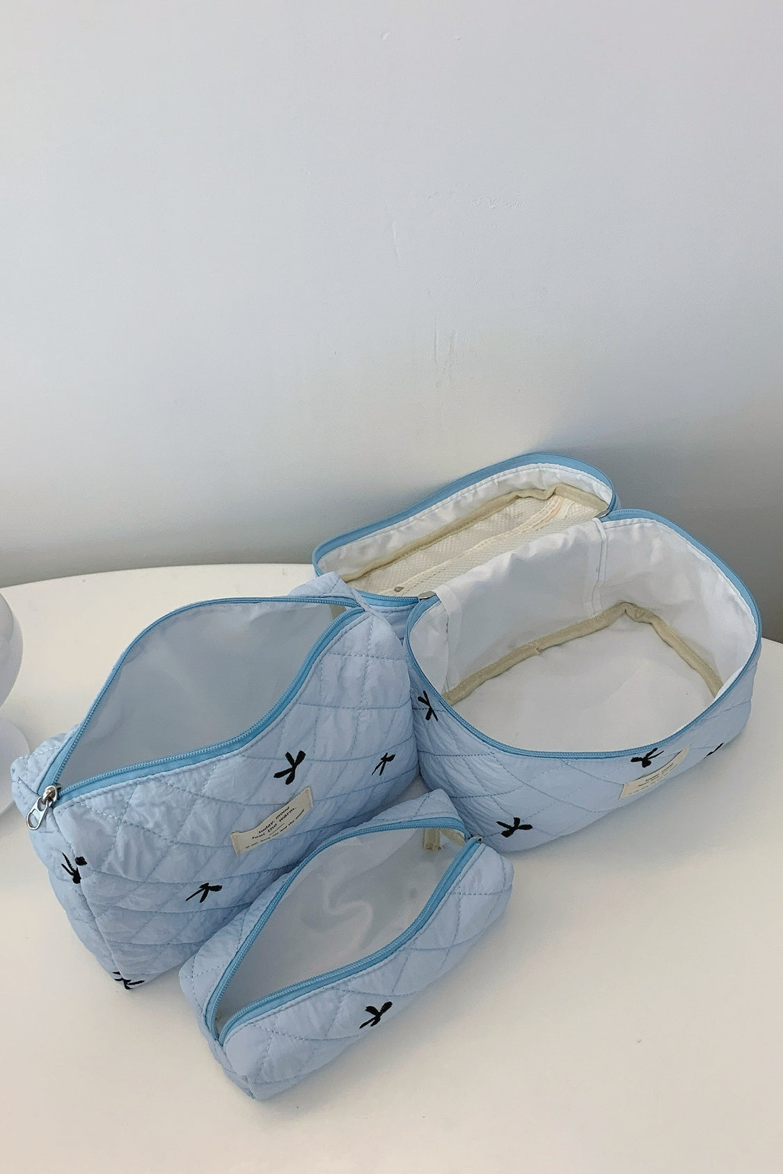 3 Piece Bow Quilted Makeup Bag Set