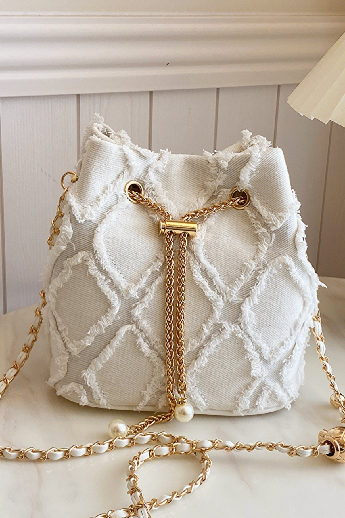 Chain Drawstring Raw Edge Denim Bucket