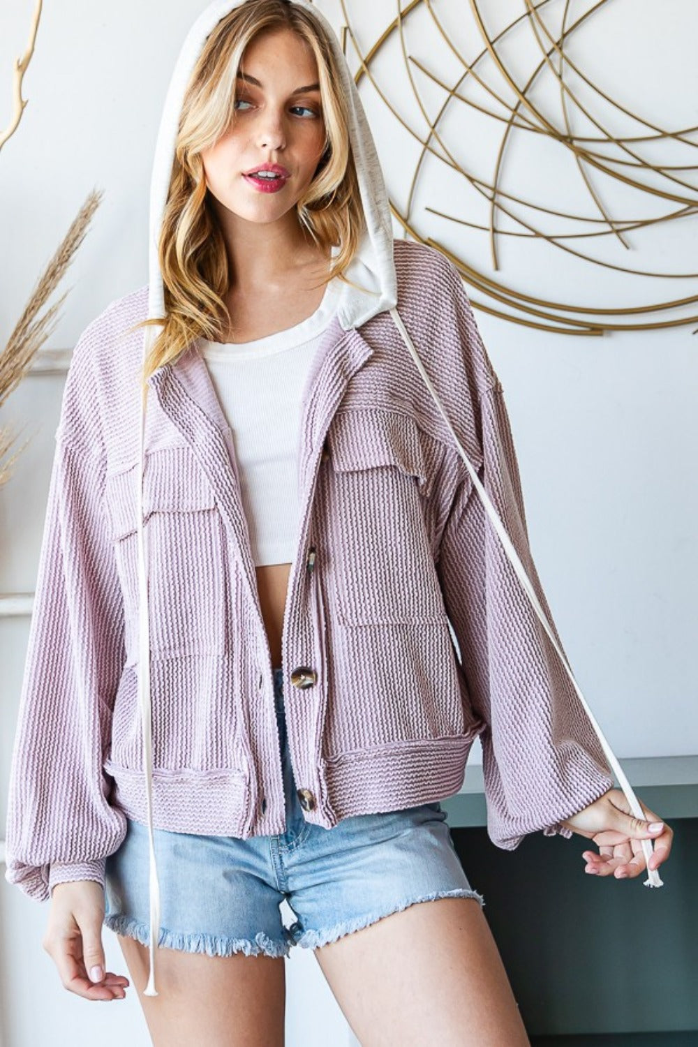 Contrast Hooded Button Down Jacket