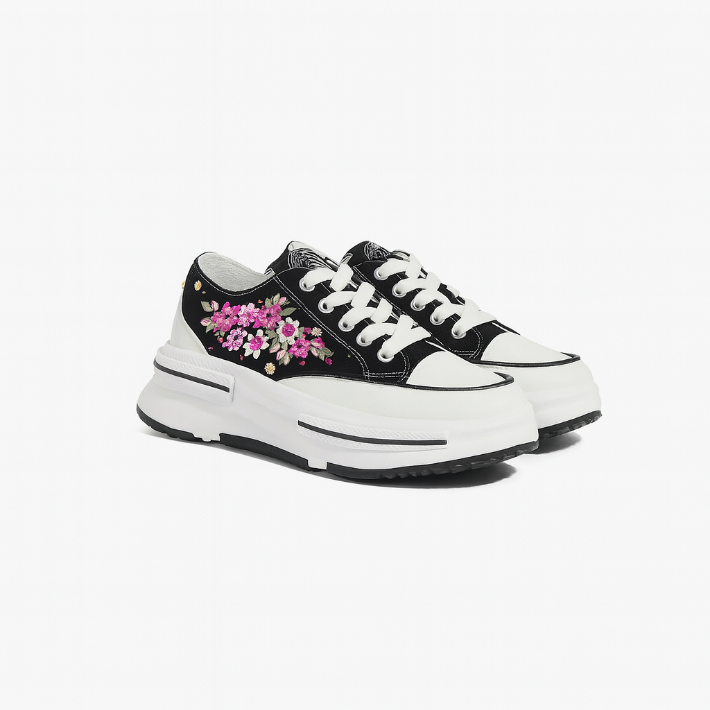 Embroidery Platform Lace-Up Sneakers