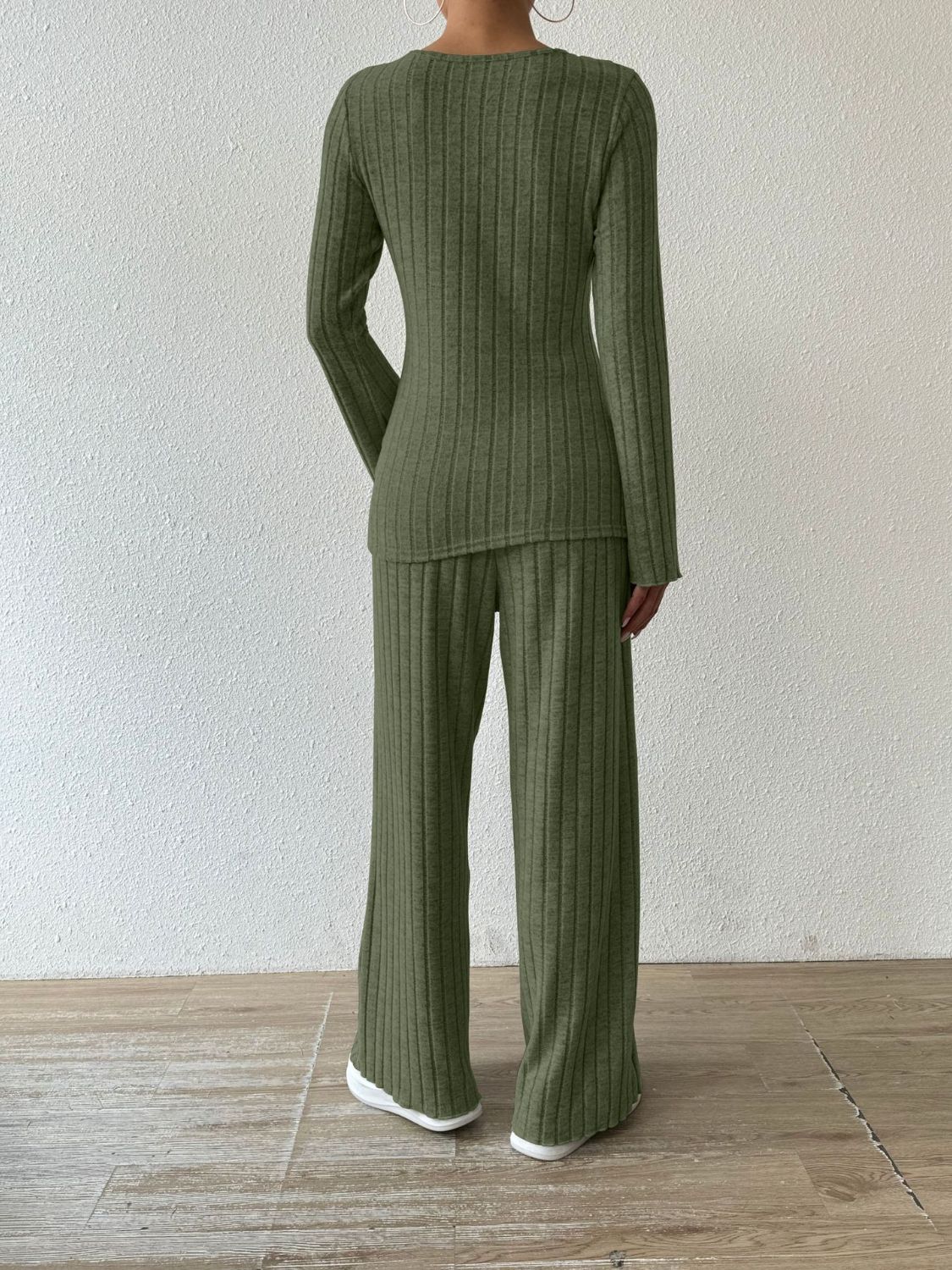 Ribbed V-Neck Long Sleeve Top Pants