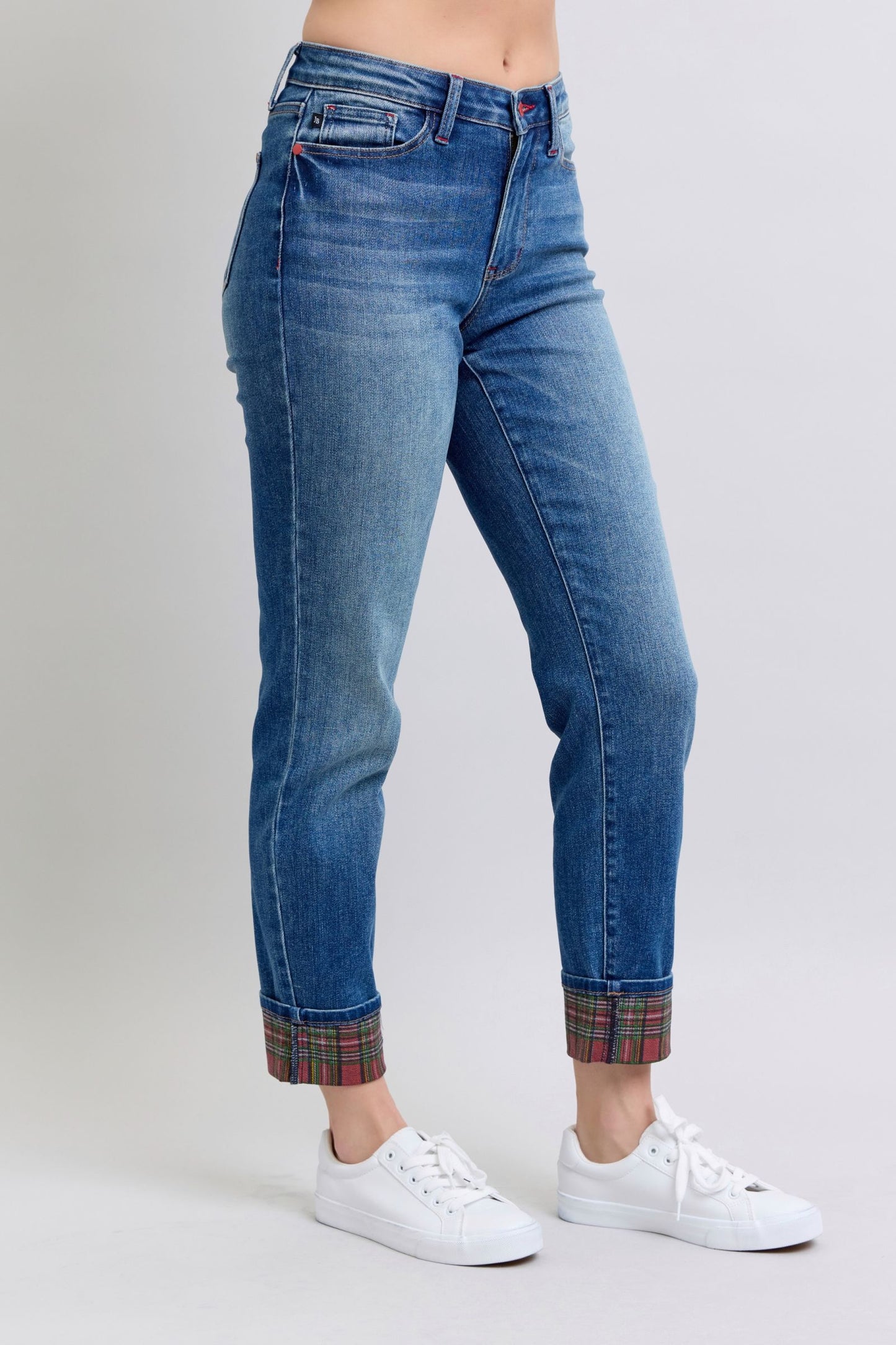 Blue Plaid Print Cuff Straight Jean