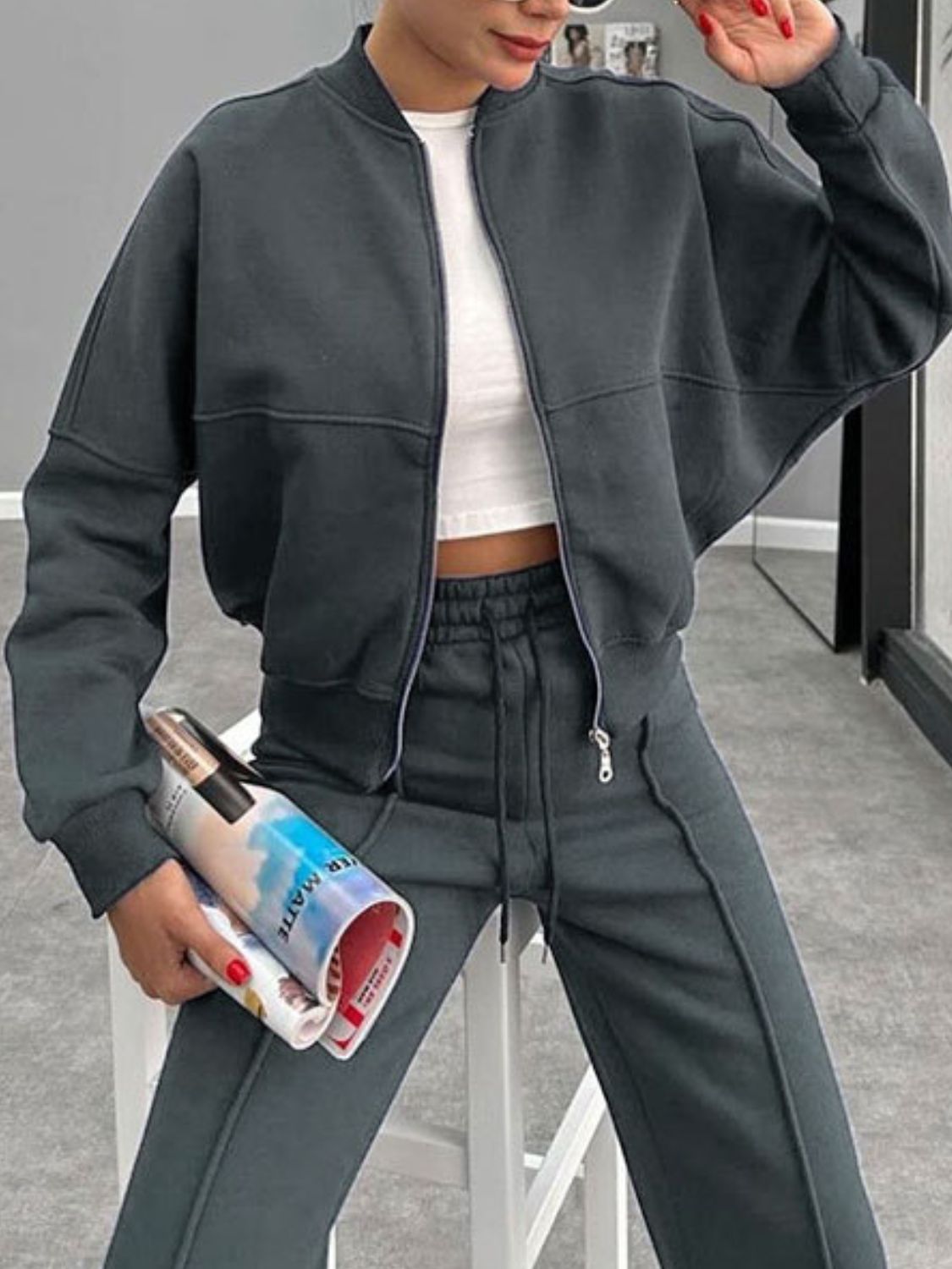 Baseball Collar Zip Up Outerwear Set