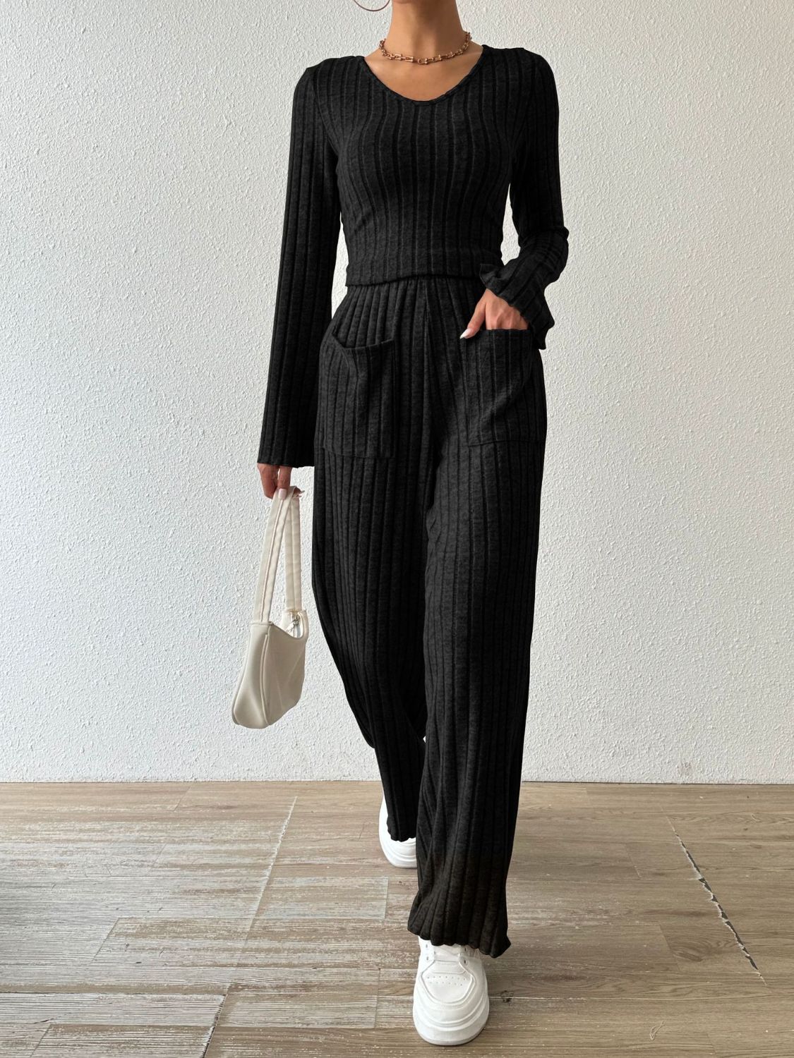 Ribbed V-Neck Long Sleeve Top Pants