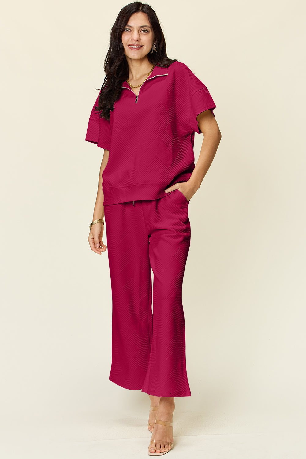 Double Take Half Zip Top & Pants Set