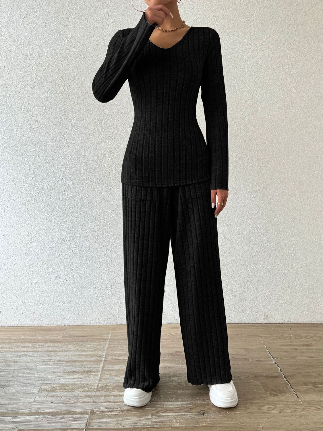 Ribbed V-Neck Long Sleeve Top Pants