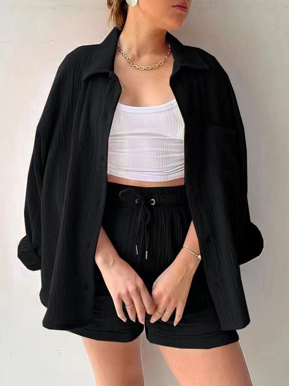 Textured Button Up Shirt Shorts Set