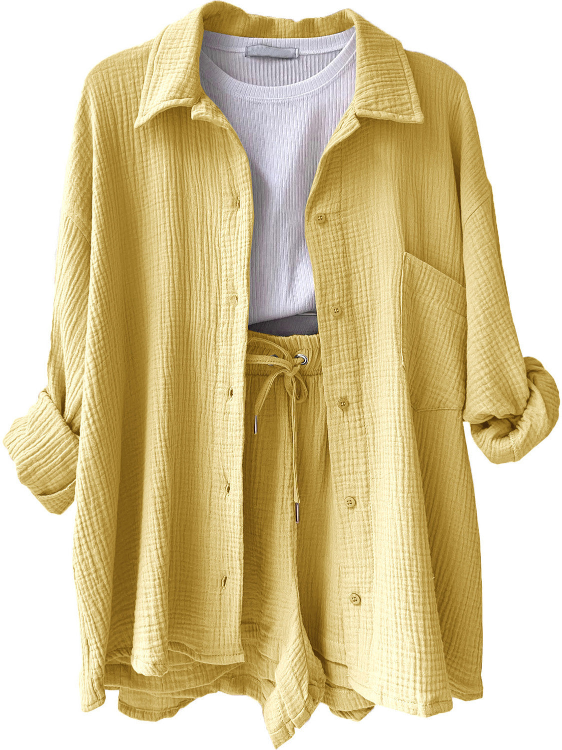 Textured Button Up Shirt Shorts Set