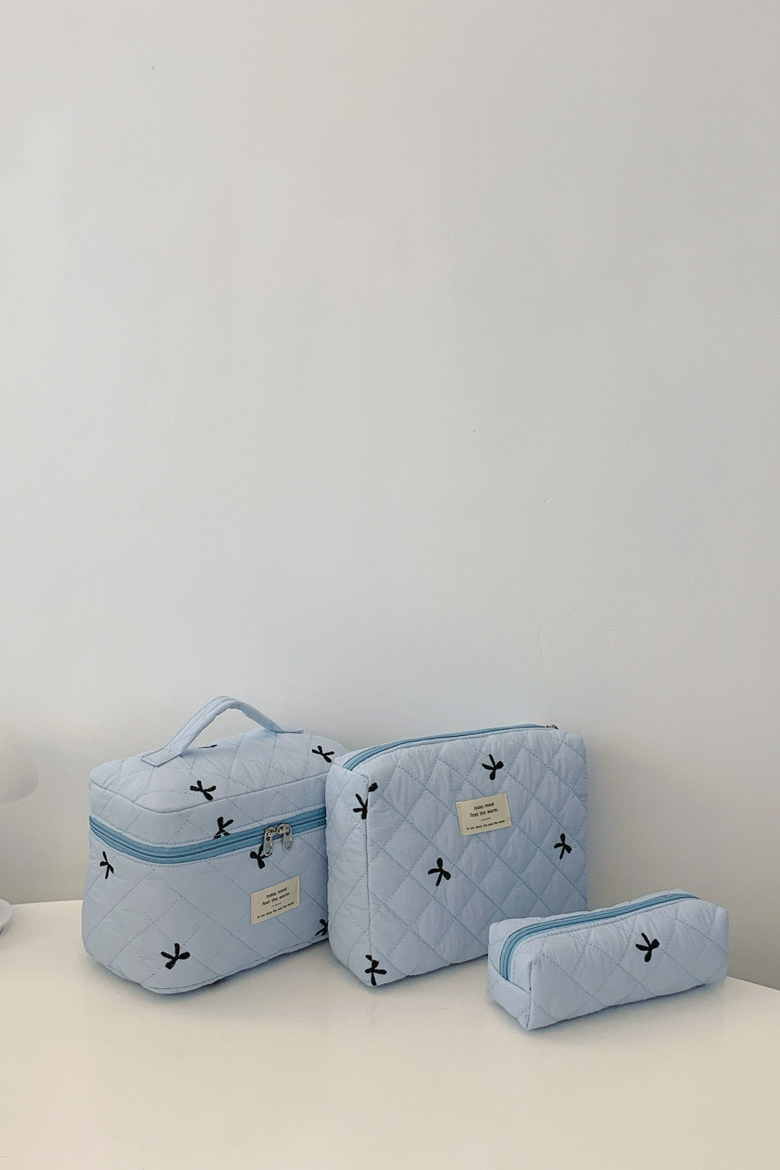 3 Piece Bow Quilted Makeup Bag Set