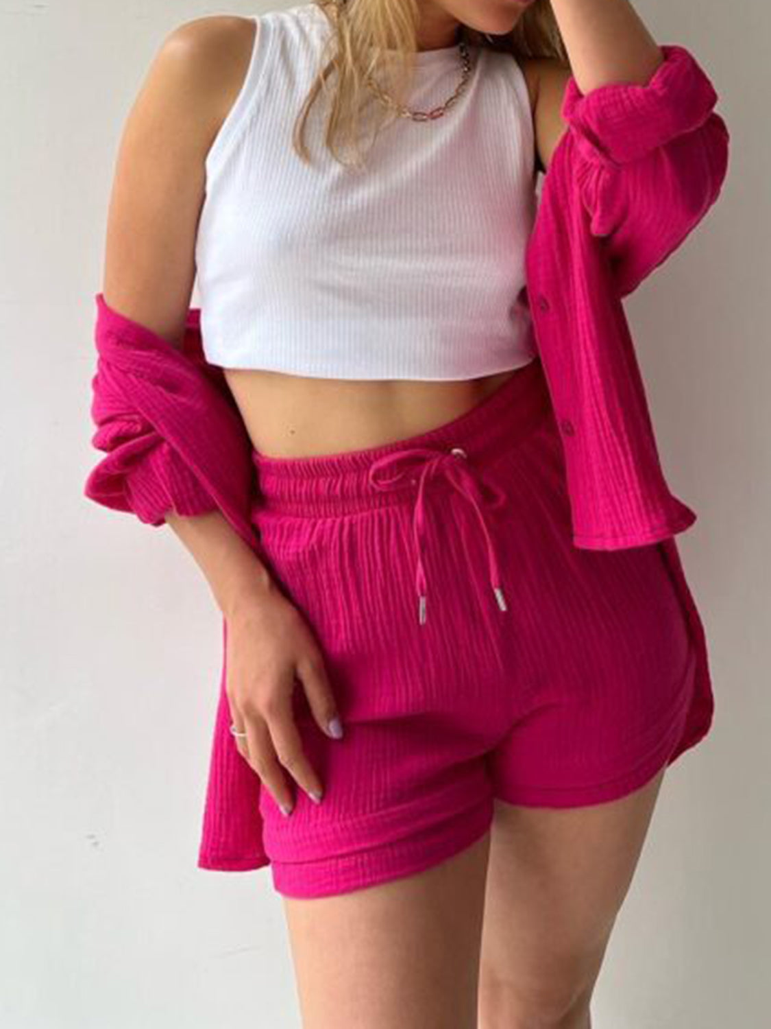 Textured Button Up Shirt Shorts Set