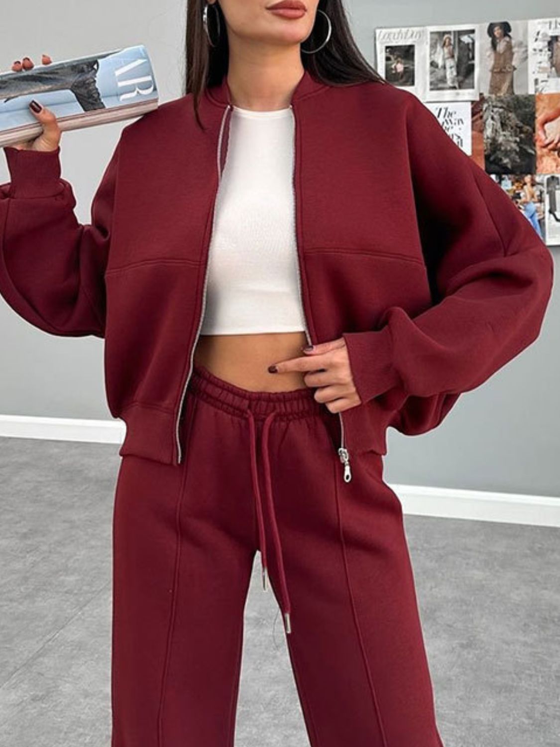 Baseball Collar Zip Up Outerwear Set