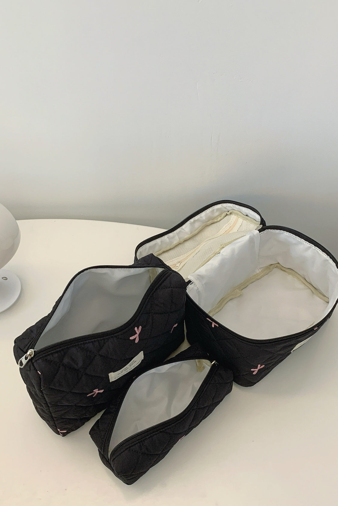3 Piece Bow Quilted Makeup Bag Set