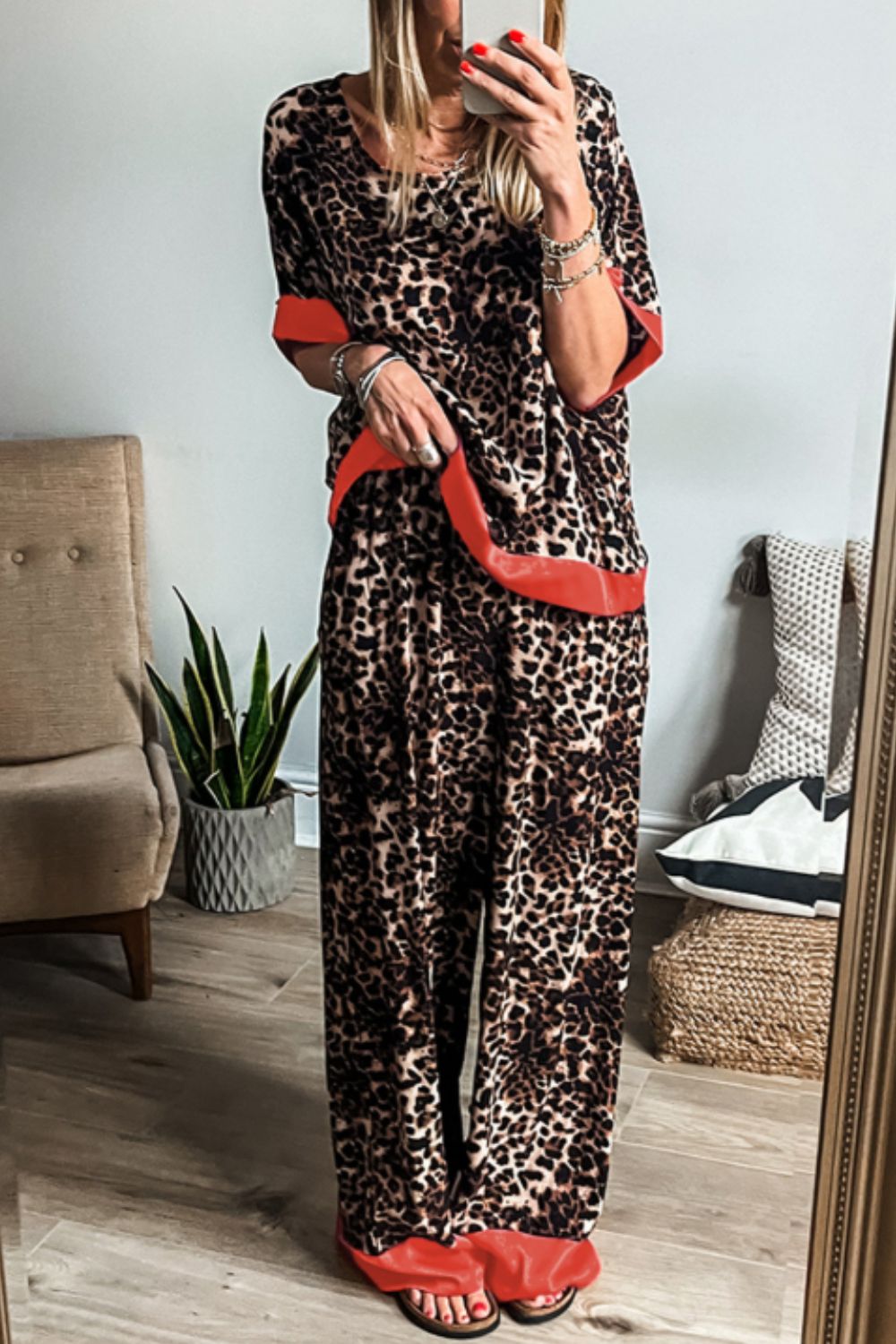 Contrast Trim Leopard Top Pants Set