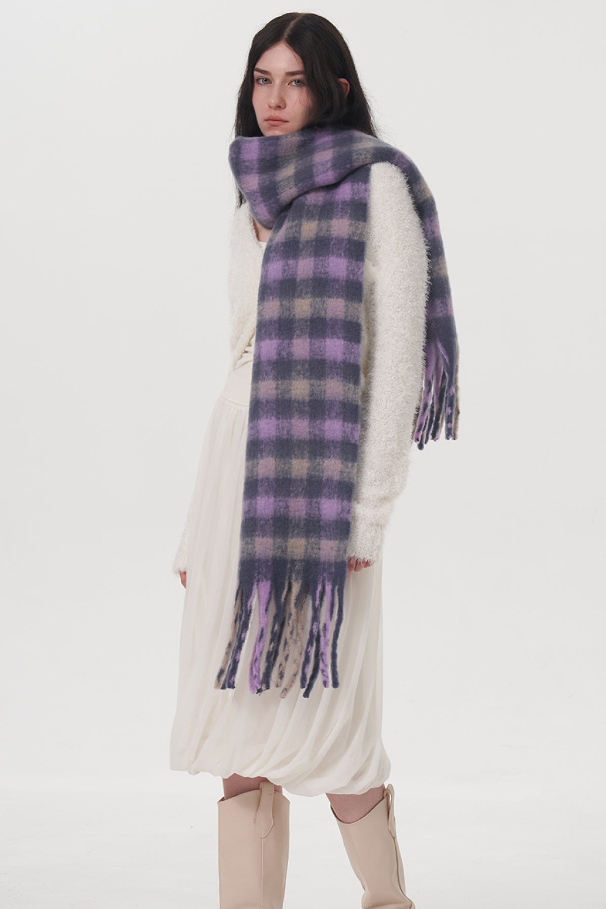 Classic Fringe Plaid Polyester Scarf