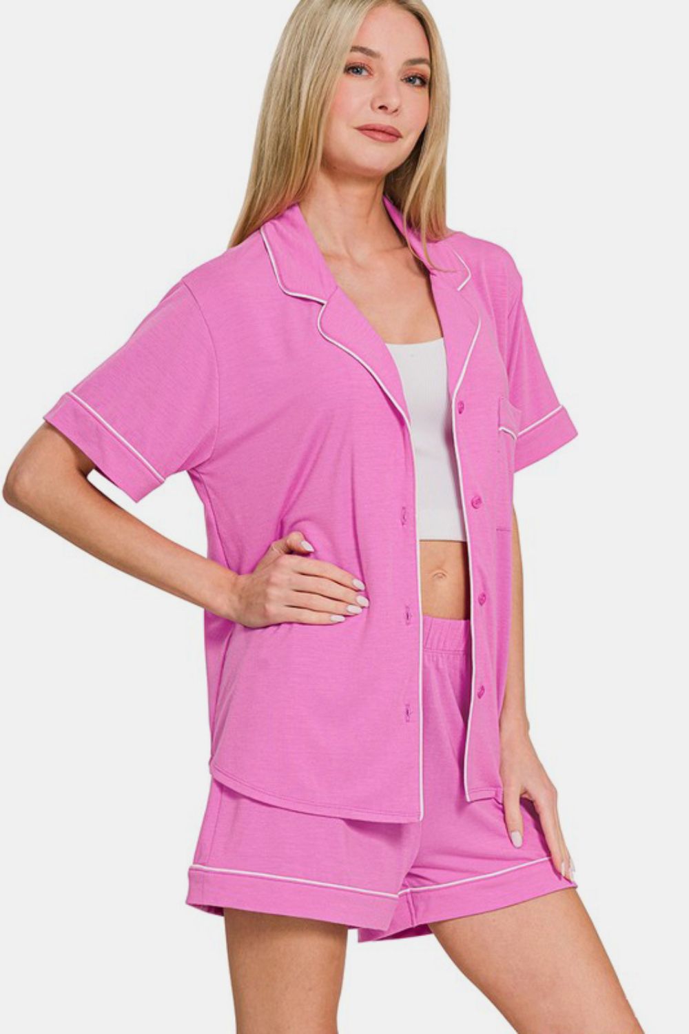 Zenana Button Down Short Sleeve Set
