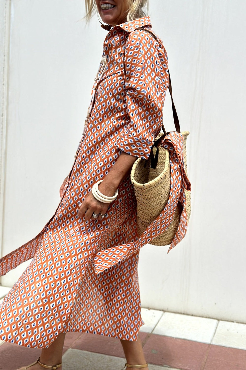 Slit Printed Collared Midi Shirt Dress
