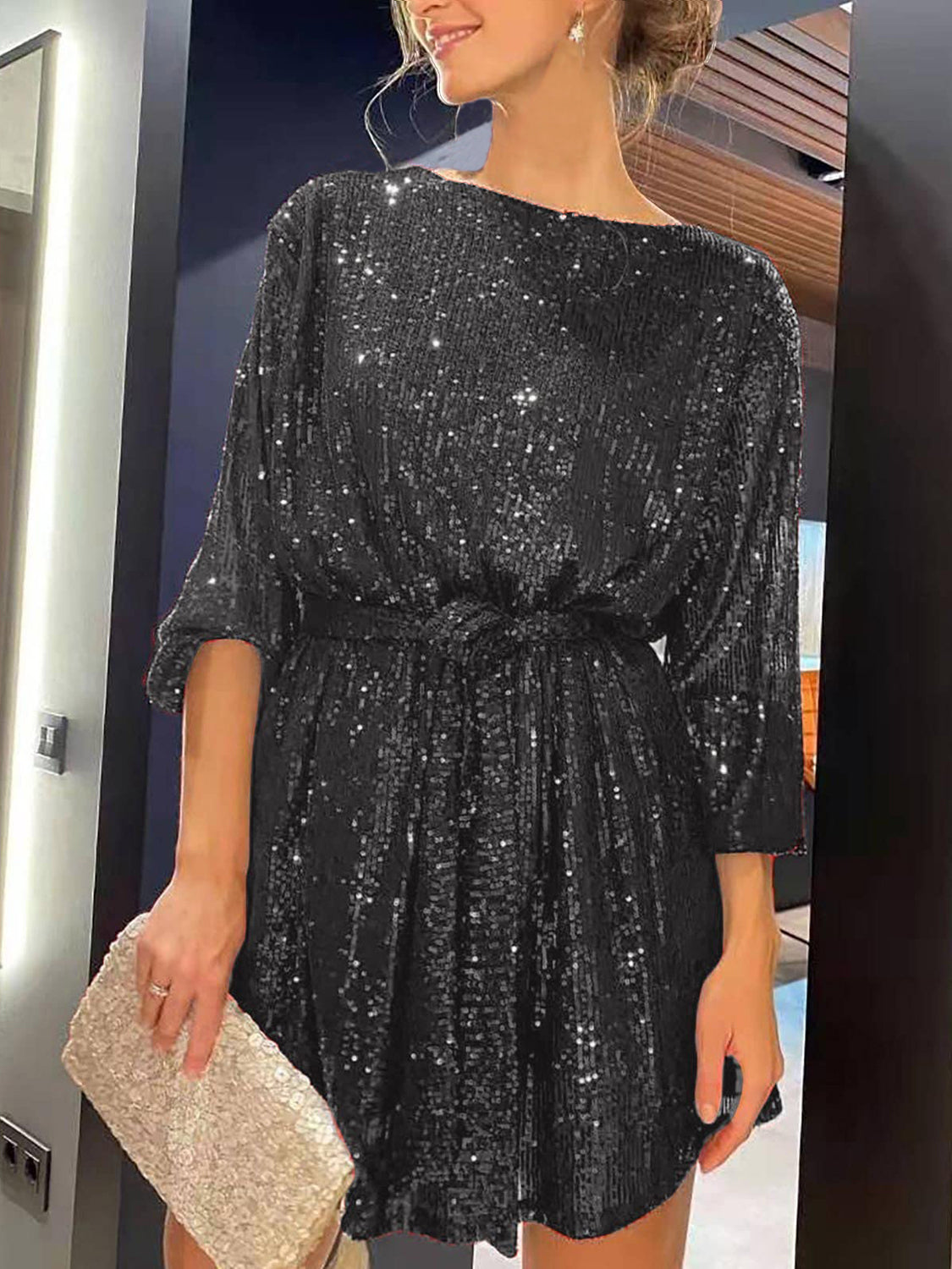Sequin Tie Waist Long Sleeve Dress