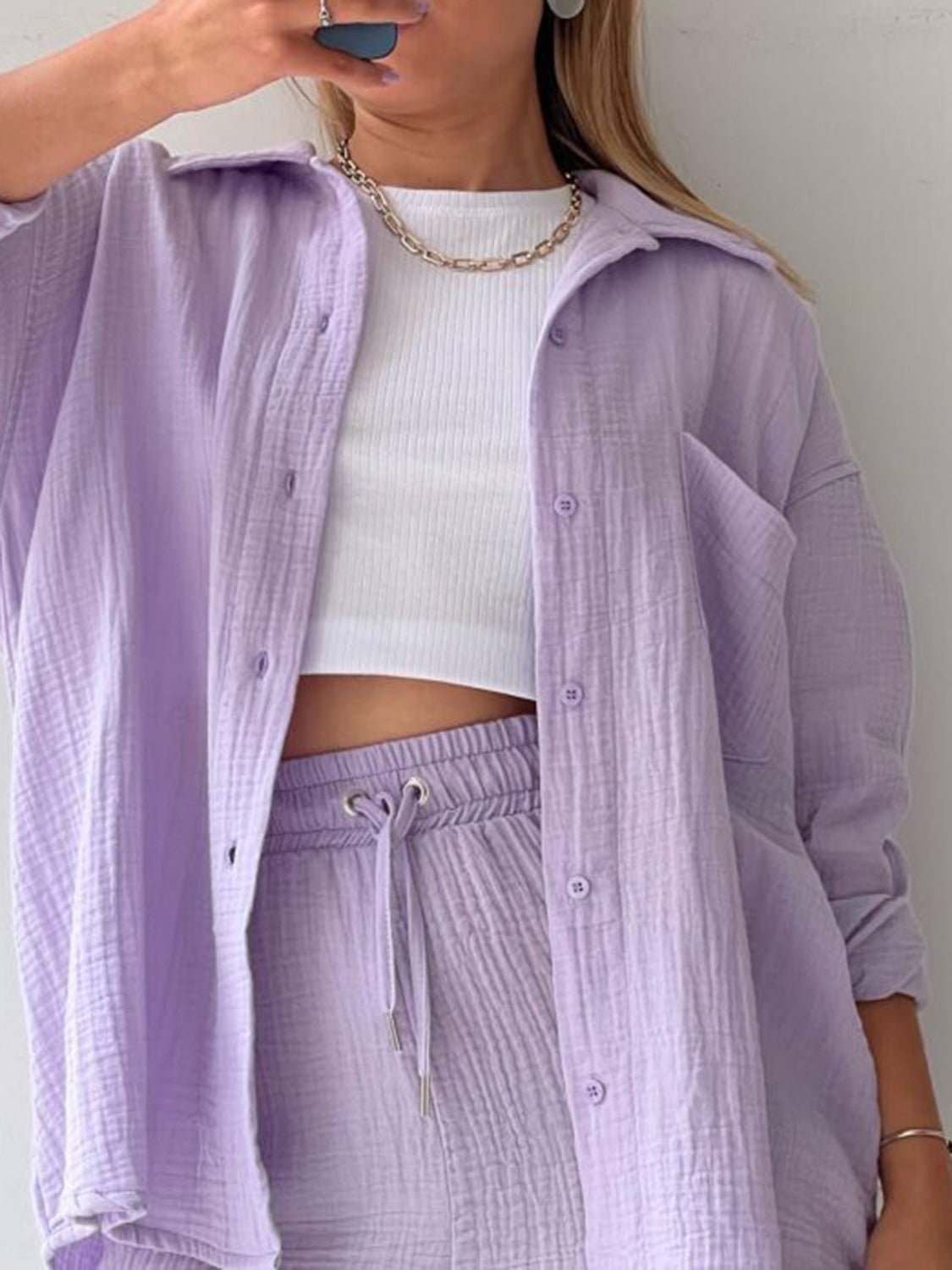 Textured Button Up Shirt Shorts Set