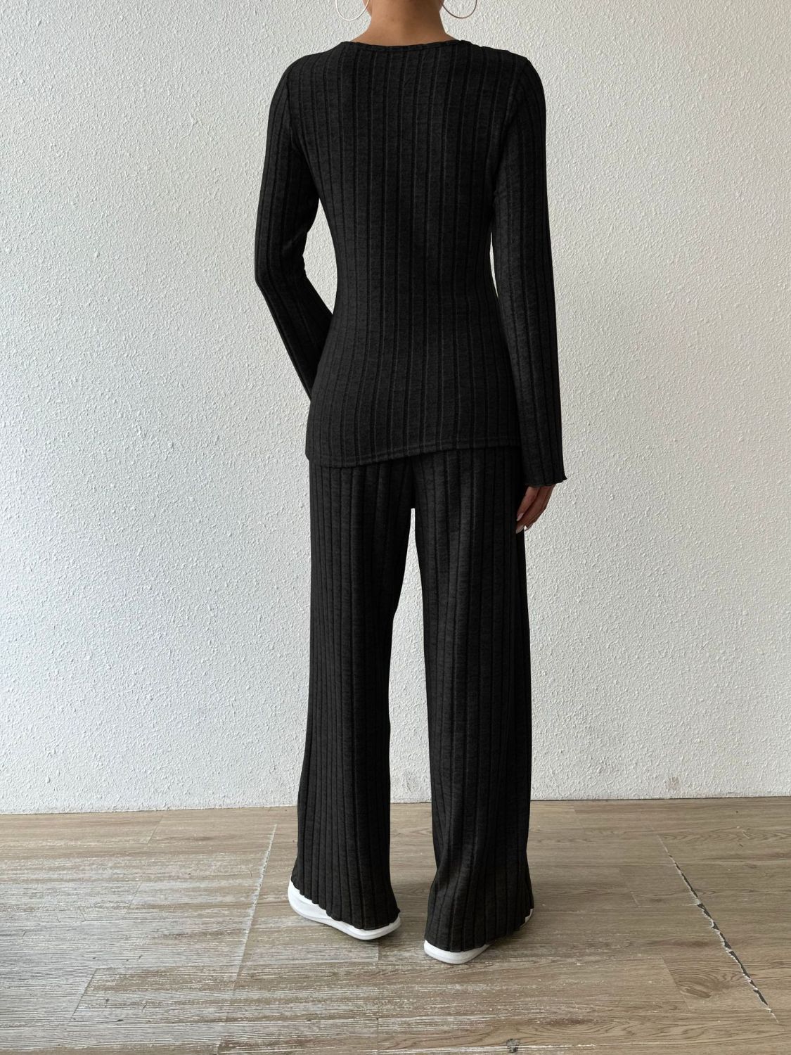 Ribbed V-Neck Long Sleeve Top Pants