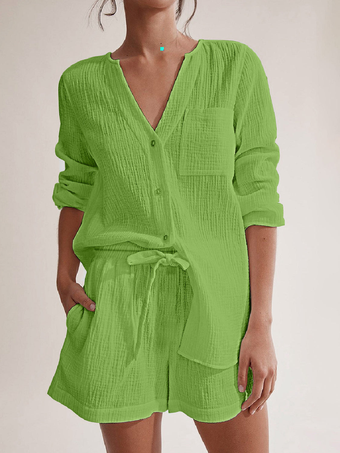 Notched Long Sleeve Top Shorts Set