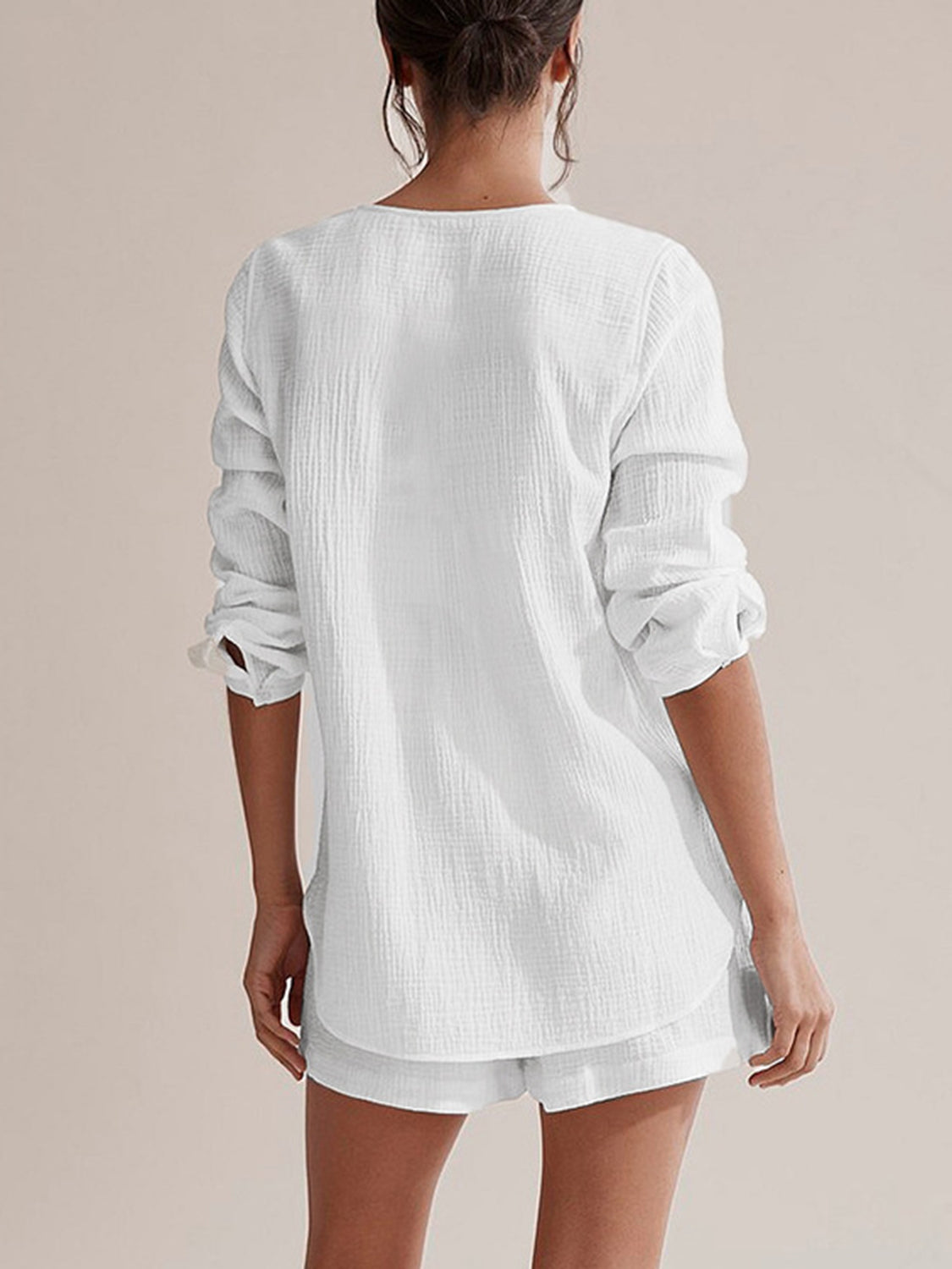 Notched Long Sleeve Top Shorts Set