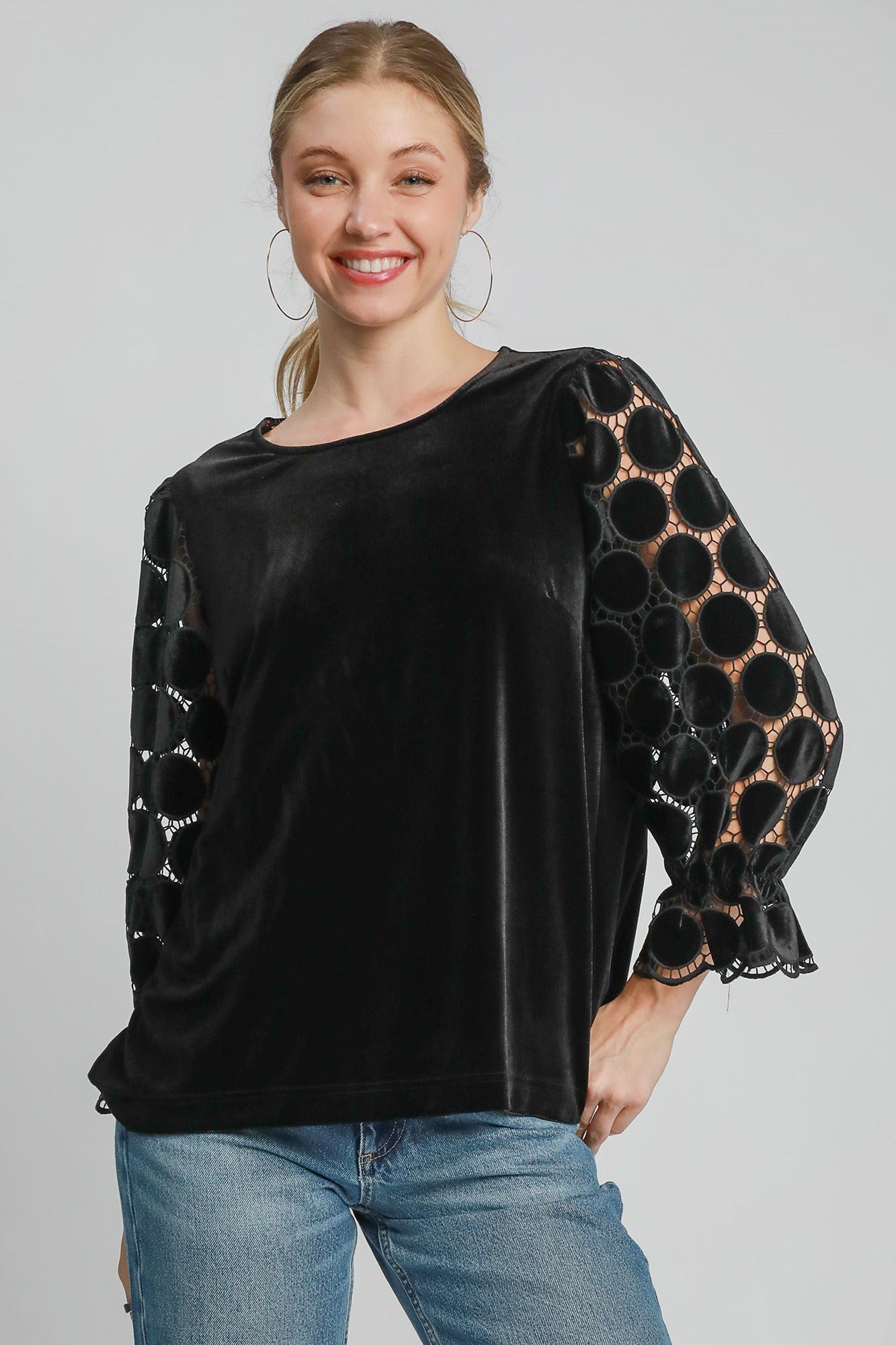 Umgee Polka Dot Lace Long Sleeve Top