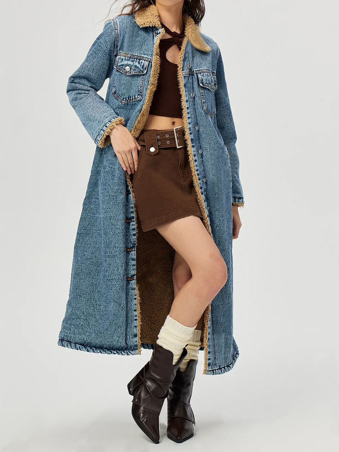 Pocketed Denim Jacket Fur Lined