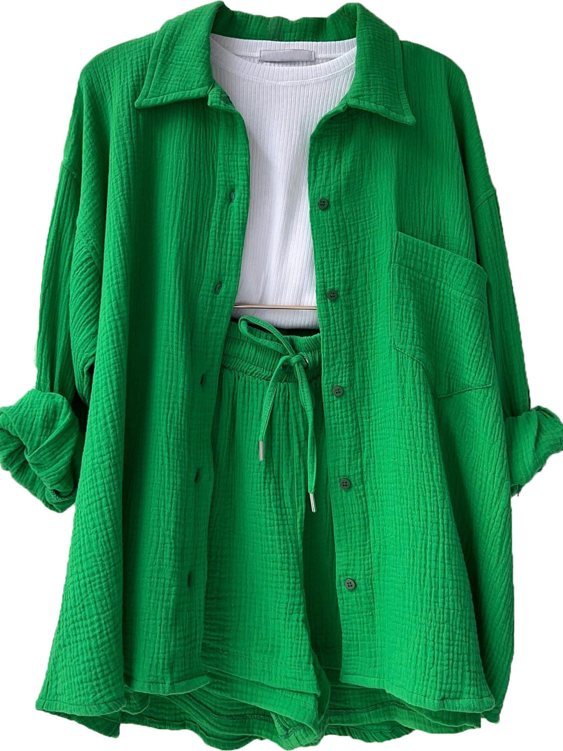 Textured Button Up Shirt Shorts Set