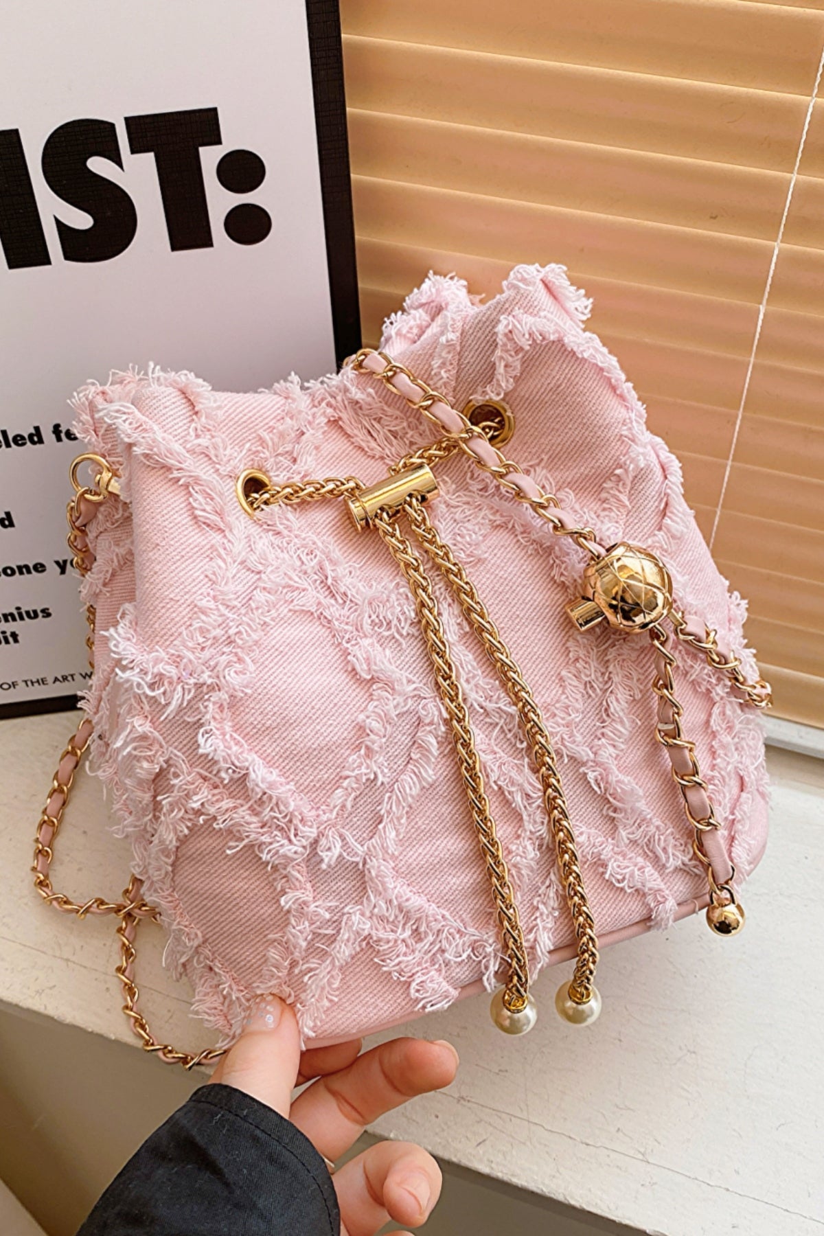 Chain Drawstring Raw Edge Denim Bucket