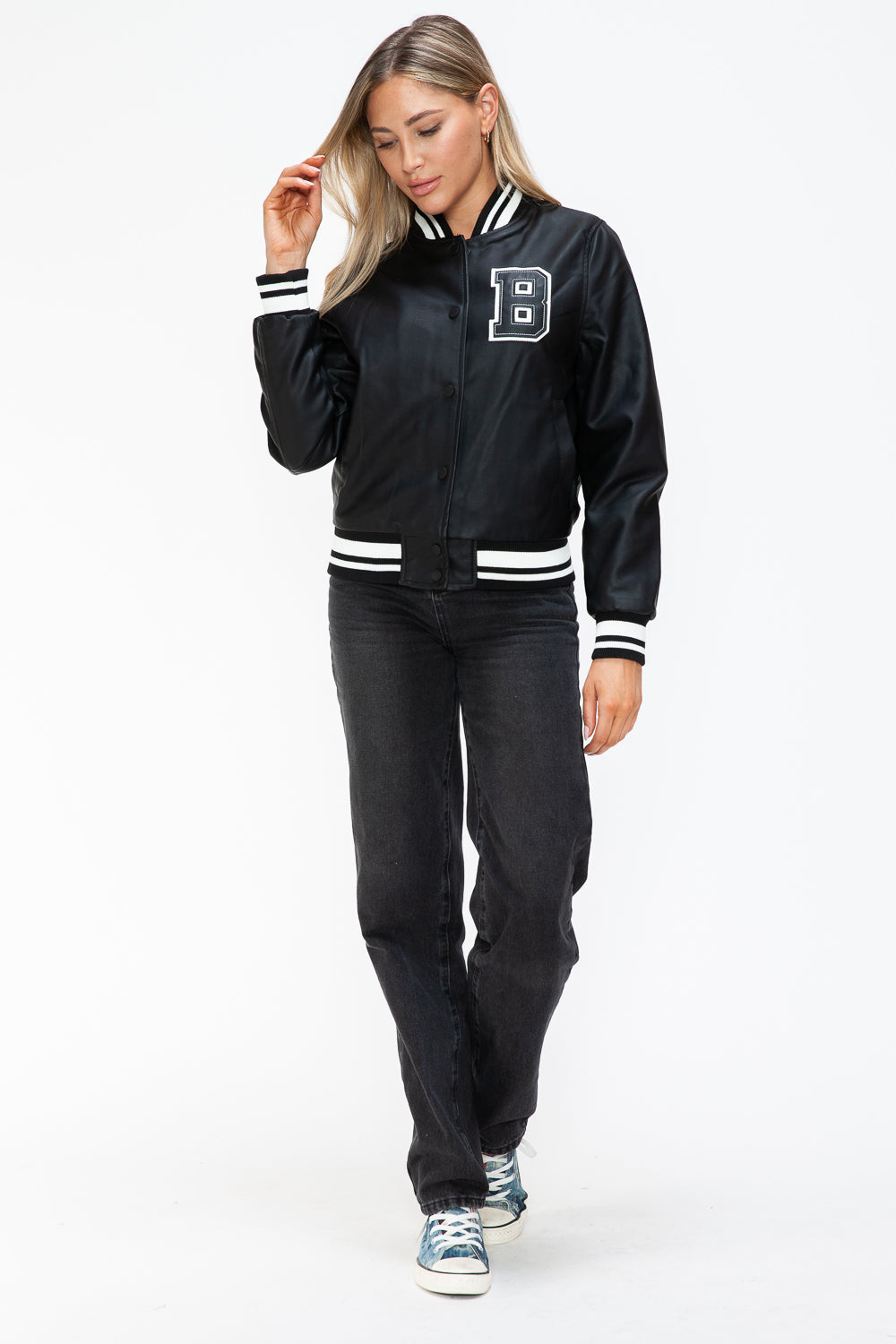 Leather Snap Down Bomber Jacket